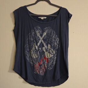 Gray Worn Relaxed Look Rock And Roll Guitars Tee